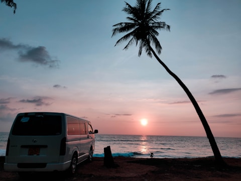 A utility van parked near a palm tree-lined beach at sunset.