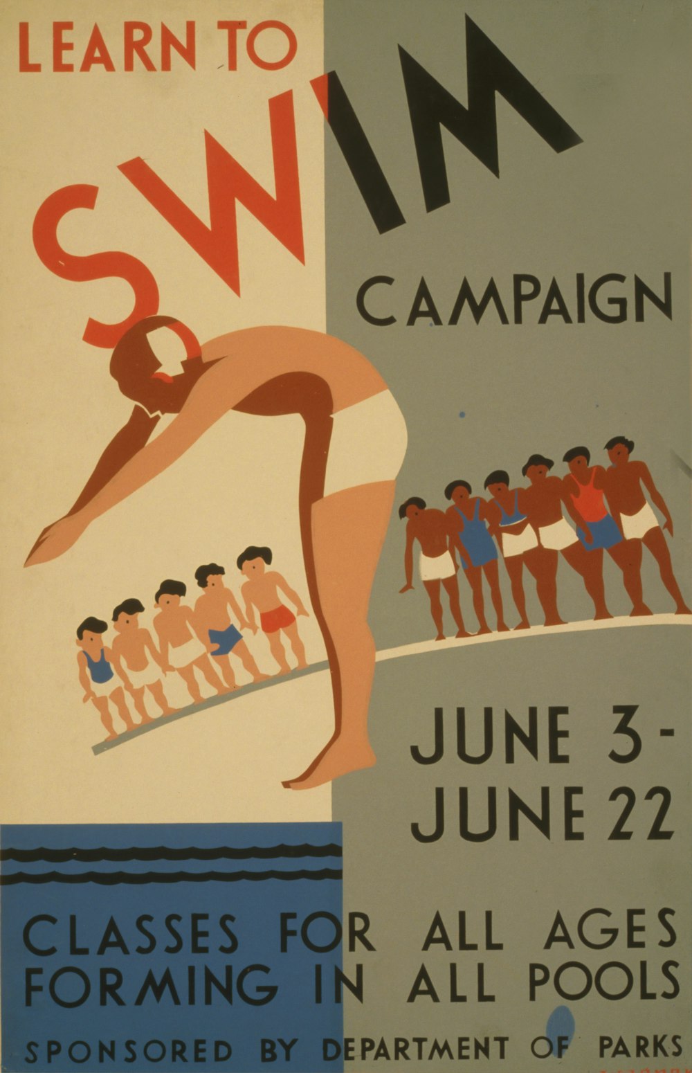 Aprenda a nadar campanha. Cartaz WPA.