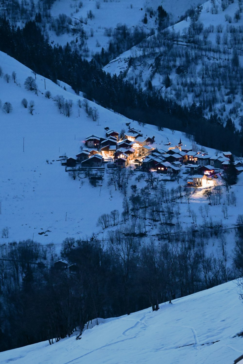 lighted houses on snow field