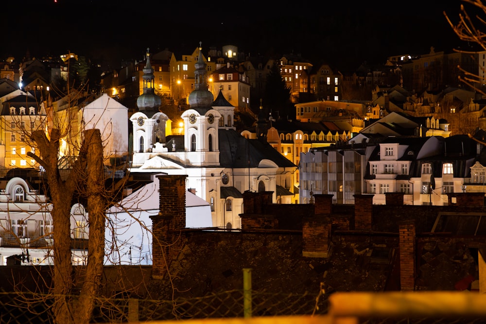 lighted houses at night