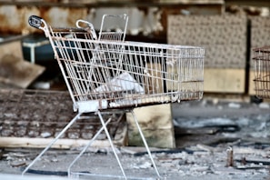 gray metal shopping cart by concrete wall at daytime