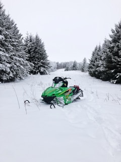 snowmobile on snow field by trees