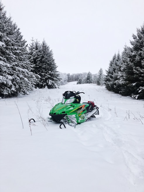 snowmobile on snow field by trees
