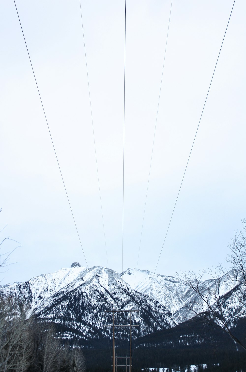 a view of a snowy mountain range with power lines in the foreground