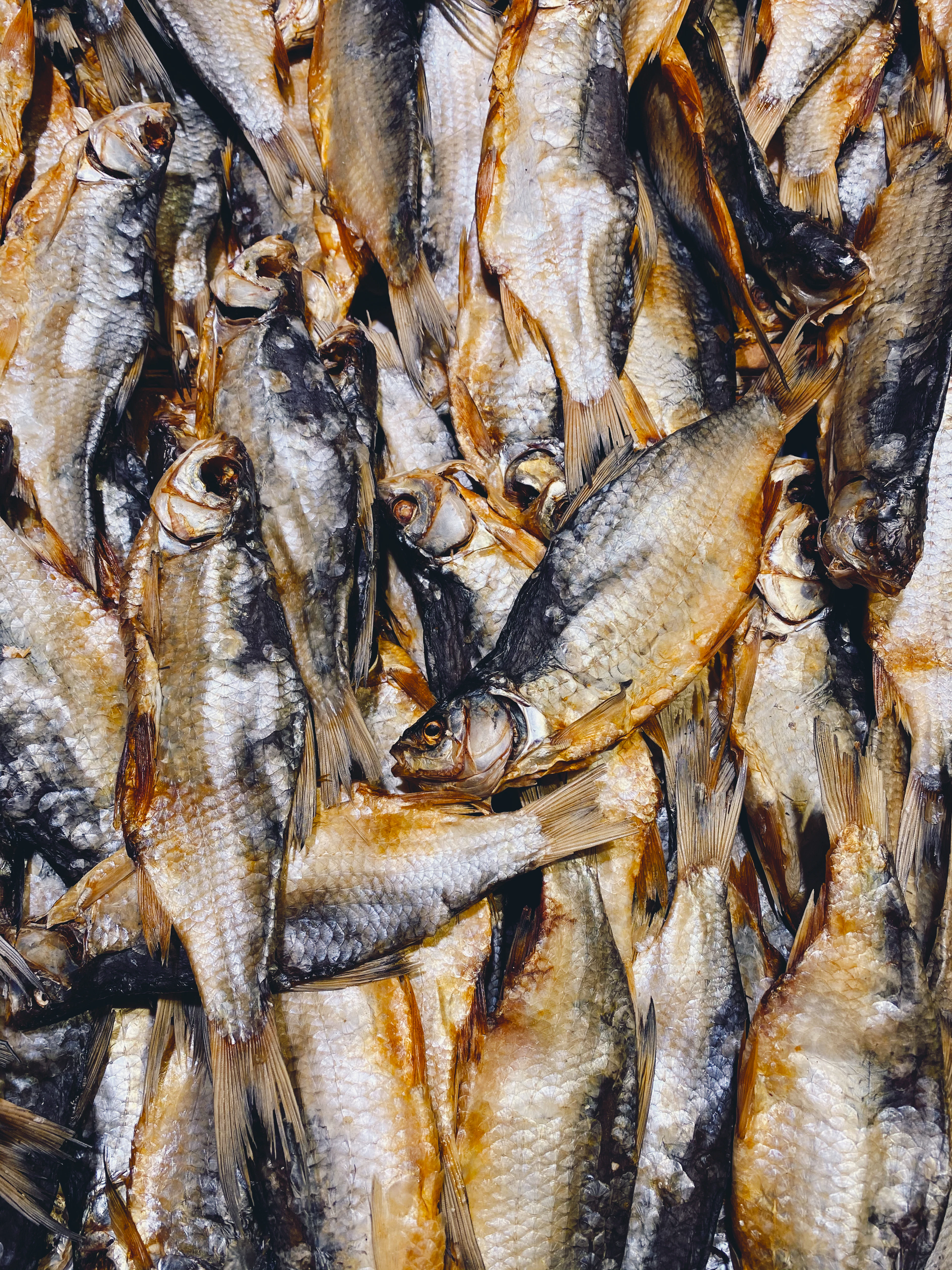 A dense pile of dried salted fish on a market table in Riga, Latvia