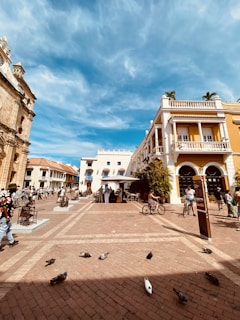A historic colonial town square with charming architecture and lively atmosphere.