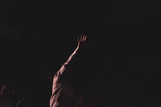 person wearing brown long-sleeved shirt raising right hand while standing