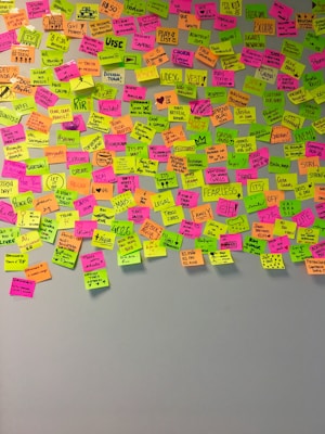 A wall covered with numerous colorful sticky notes, each featuring various handwritten messages and drawings. The notes are organized in a chaotic yet vibrant display, predominantly in shades of yellow, pink, orange, and green.