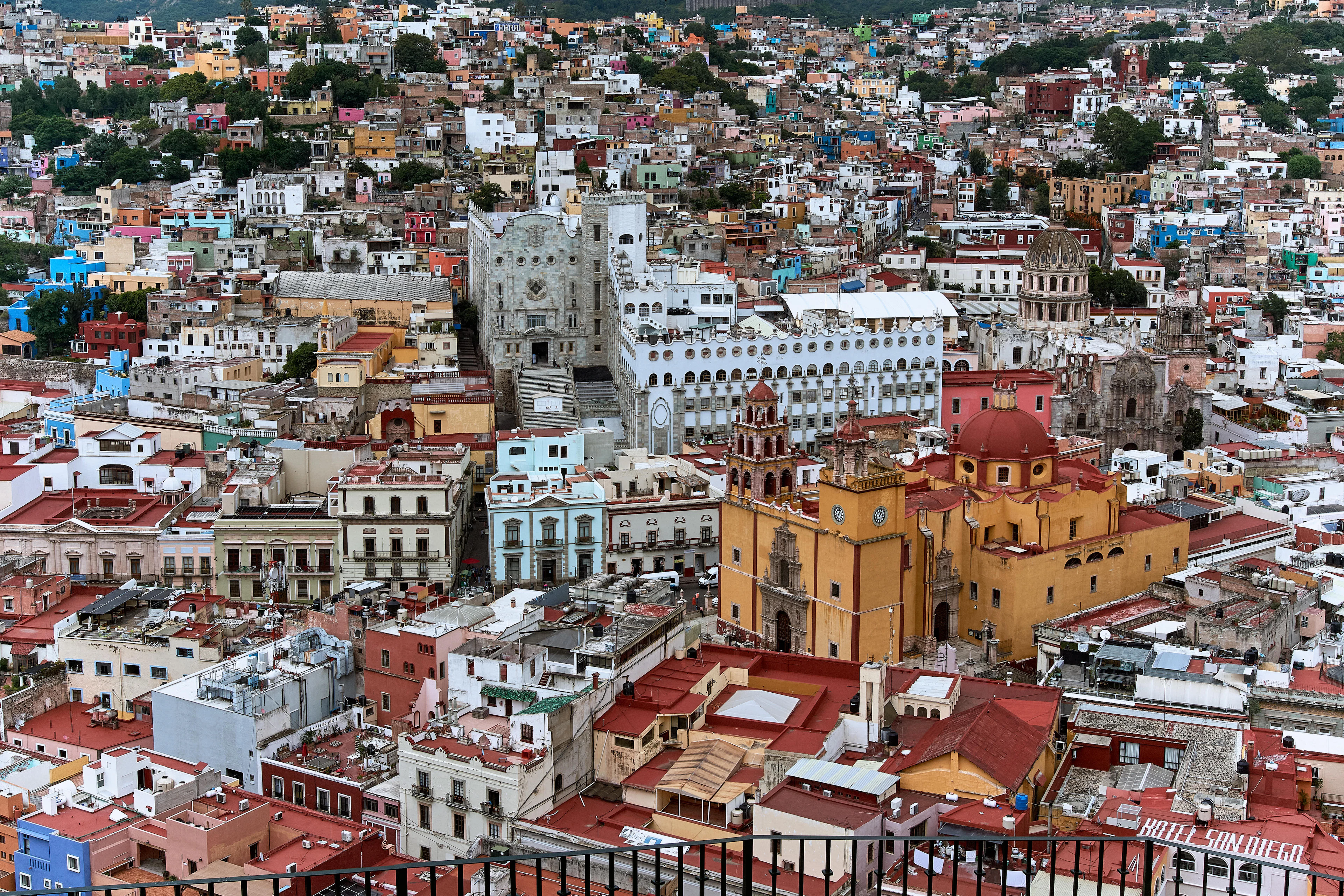 Aerial view of Guanajuato's colourful houses climbing the surrounding hillsides, Mexico