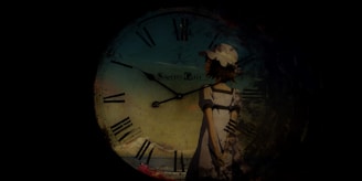 A large, vintage clock with Roman numerals is set against a dark background. In front of the clock, slightly to the right, stands a character wearing a white dress and a white hat with dark hair. The clock's hands are at 10:10.