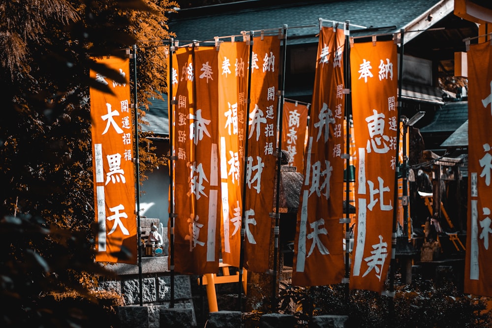brown-and-white Kanji script banners during daytime