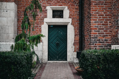 Close-up of villa entrance with wooden door and decorative plants.
