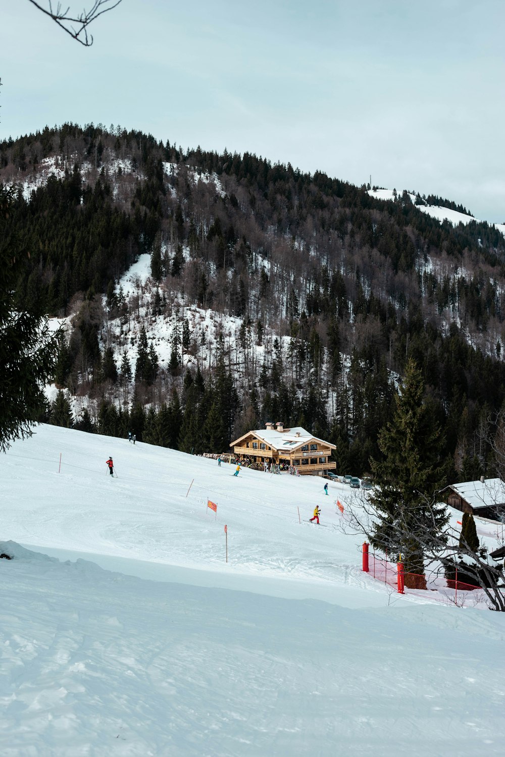 a ski slope with a house in the background