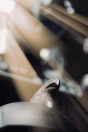A close-up view of a metallic sculpture shaped like a bird's head, with dramatic lighting casting beams and shadows across the surface, creating a mystical atmosphere. The background is blurred, adding to the focus on the sculpture, while the light emphasizes its textured details.