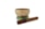 A brass singing bowl sits on a colorful cushion with blue and green hues. In front of the bowl, there is a wooden mallet with a suede-wrapped end.