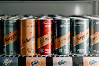 A row of assorted Schweppes canned beverages is arranged on a shelf. The cans feature various flavors including Dry Lemon, Tonic Water, Ginger Ale, and Lemonade. They display vibrant labels with prominent branding in a vertical refrigerator.