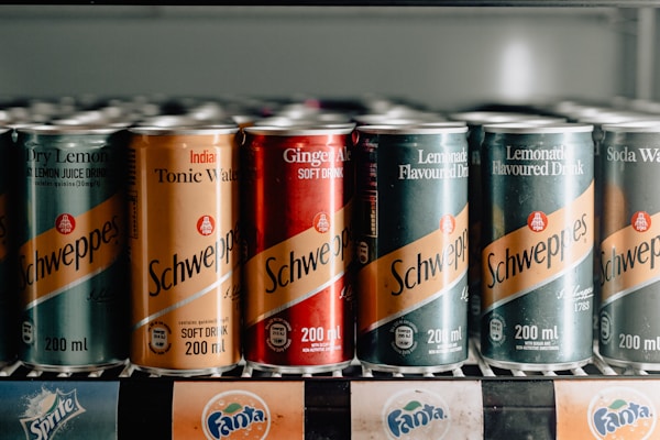 A row of assorted Schweppes canned beverages is arranged on a shelf. The cans feature various flavors including Dry Lemon, Tonic Water, Ginger Ale, and Lemonade. They display vibrant labels with prominent branding in a vertical refrigerator.