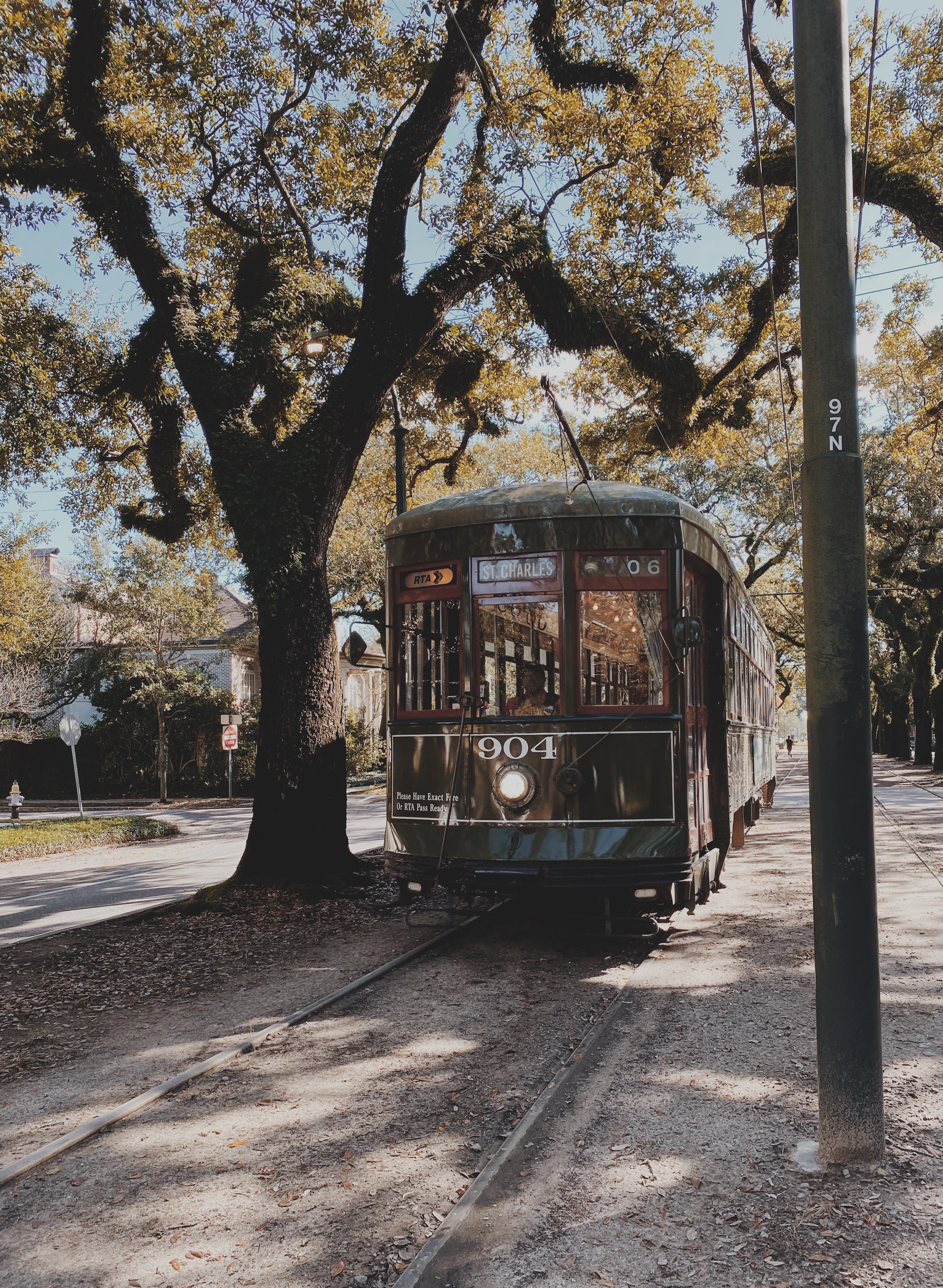 A dark green St. Charles Avenue streetcar, number 904, waiting on its tracks under the spreading branches of live oaks in New Orleans, low sun falling through the leaves onto the roadbed.