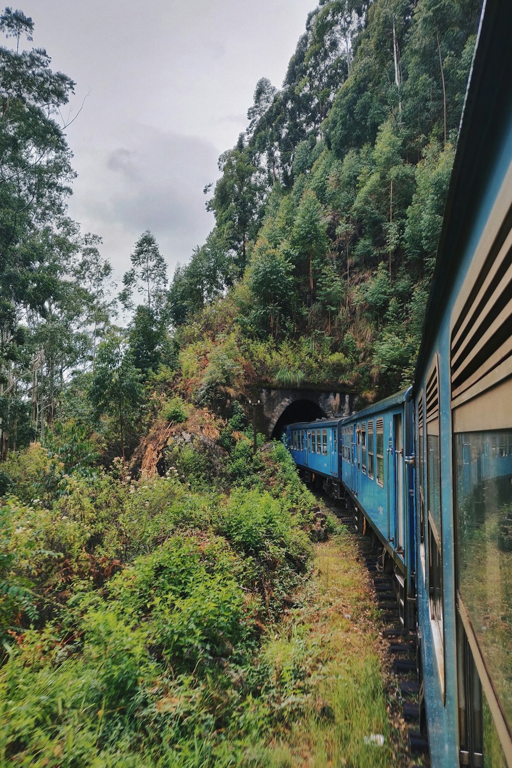 blue train in tunnel during day