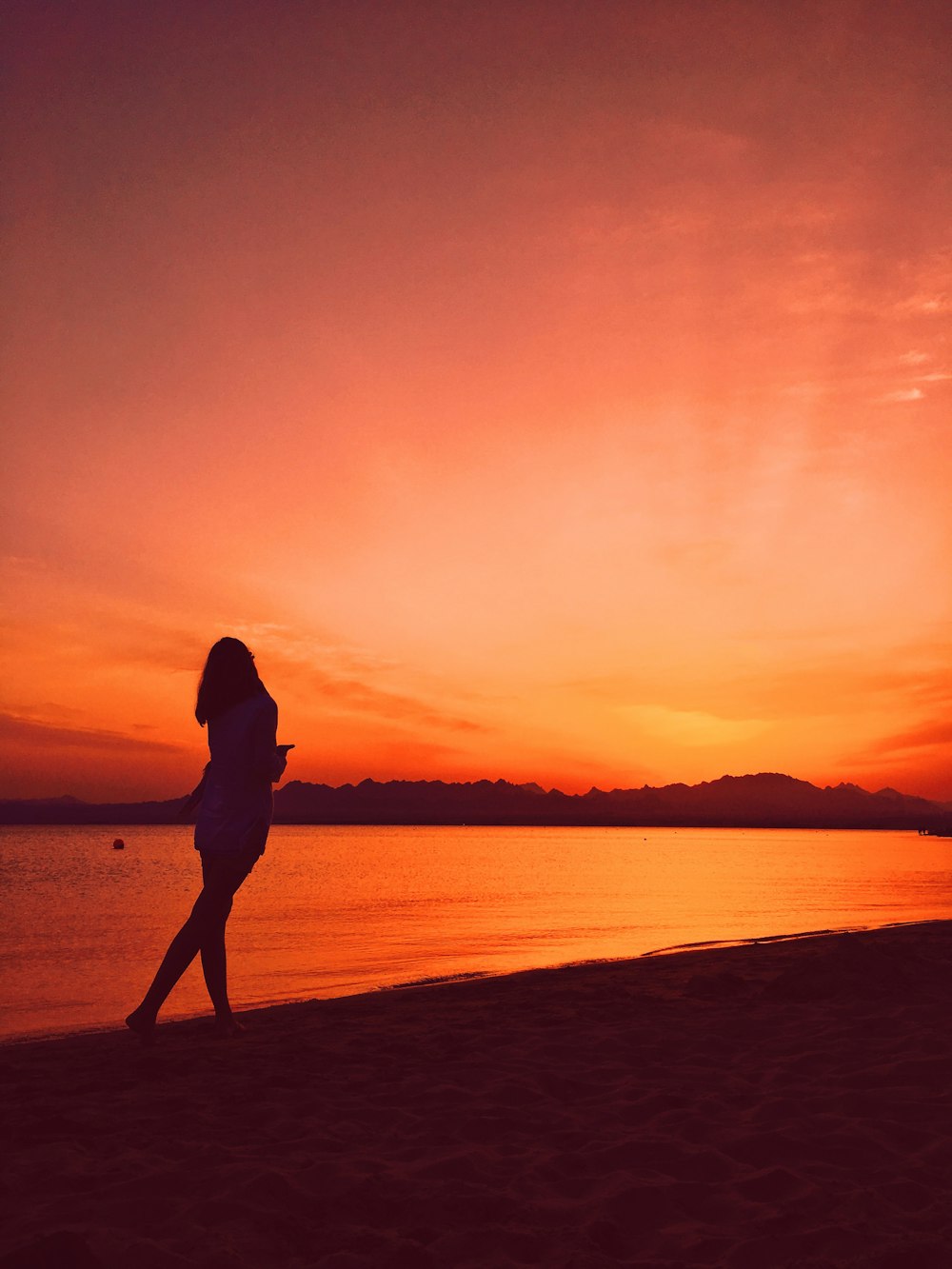 silhouette of woman standing on shoreline