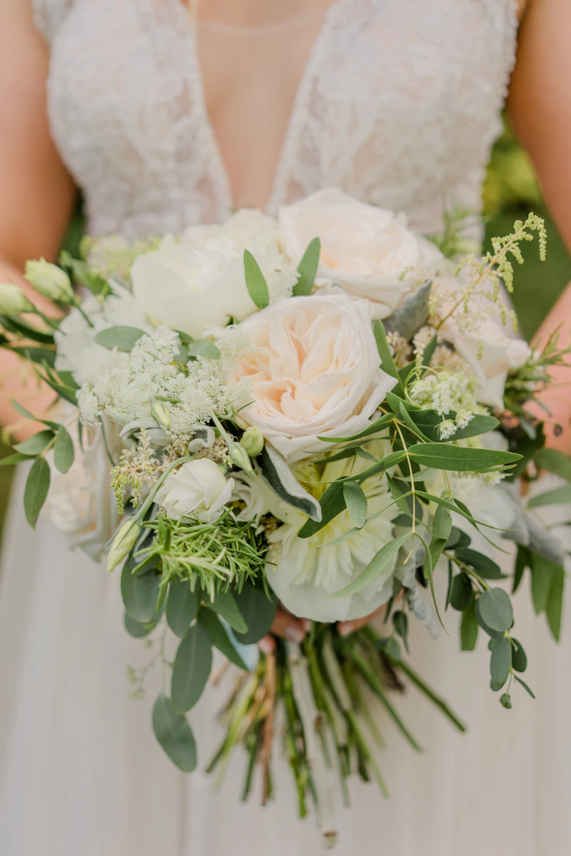 Cream garden rose and eucalyptus