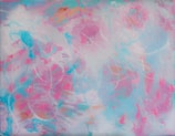 An abstract painting featuring swirling patterns of pastel colors such as pink, blue, and white. The brush strokes create a sense of movement and depth, with a soft and dreamy composition.