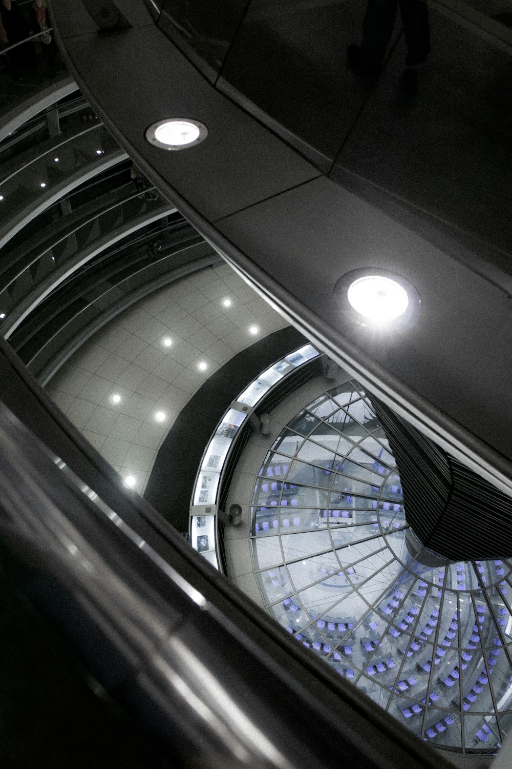 an overhead view of a building with a spiral staircase