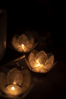 Three lotus-shaped candle holders emit a warm, soft glow in a dimly lit setting, creating a tranquil and intimate atmosphere.