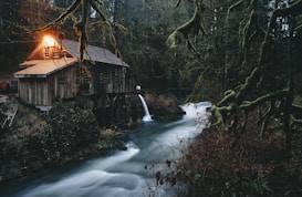 A rustic wooden cabin is situated in a dense forest, illuminated by warm light emanating from its windows. A small waterfall flows beside the cabin, with a serene stream winding through the lush greenery. Moss-covered tree branches frame the scene, adding to the natural ambiance.