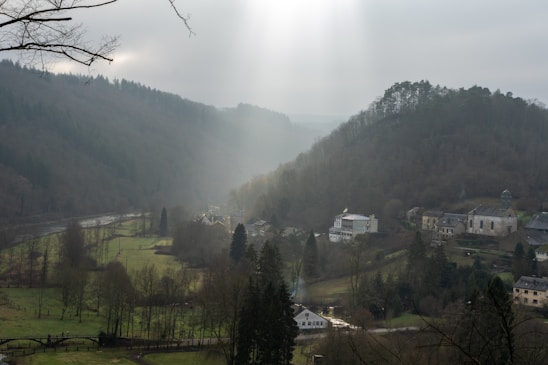 A rural village nestled in a valley surrounded by densely forested hills. Soft light filters through the clouds, casting a serene glow over the landscape. The village features a cluster of homes, a church, and open grassy fields. A small river winds through the valley, bordered by bare trees.