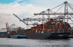 cargo ships docked at the pier during day