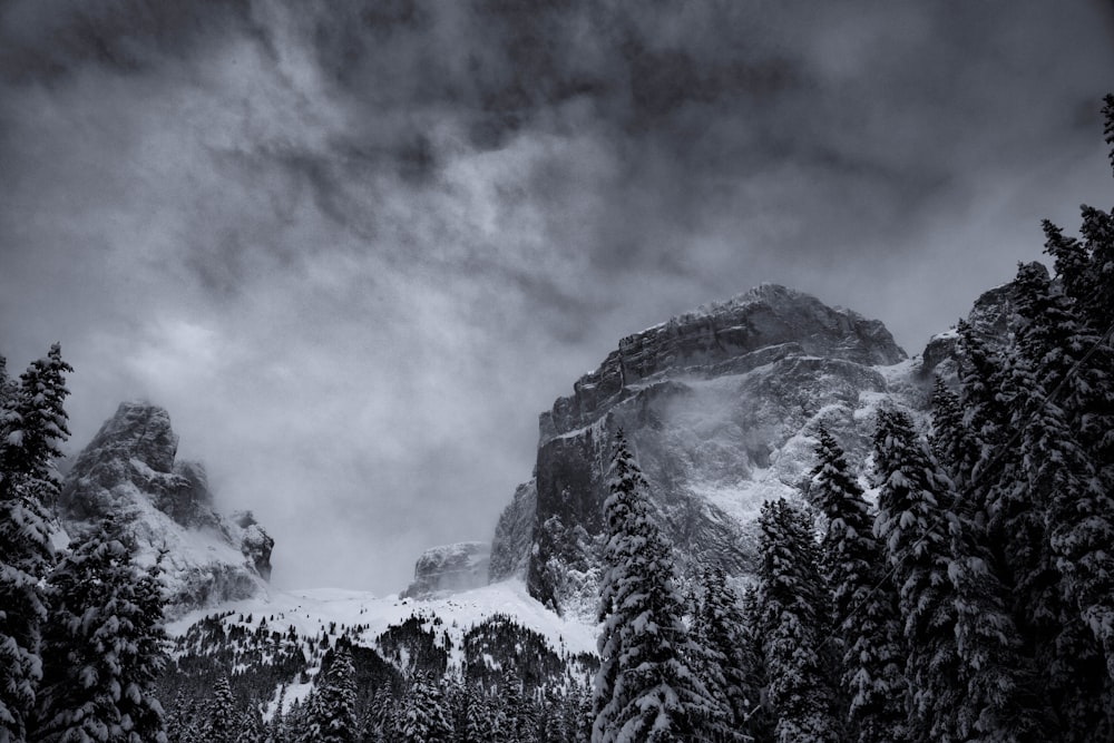 grayscale photography of summit view of mountain covered with snow