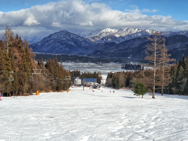 A snow-covered landscape with mountains in the background, surrounded by dense forests. Skiers and snowboarders can be seen making their way down the slope. A line of ski lifts runs parallel to the trees. In the distance, there is a small lodge or building at the base of the mountain.