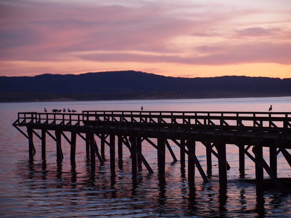 muelle de madera gris que ve el cuerpo de agua y la montaña bajo el cielo naranja