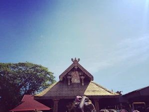 A vibrant photo of a traditional Sri Lankan temple surrounded by lush greenery under a clear blue sky.