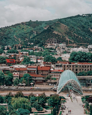 The glass roofed Freedom Bridge spanning the muddy Mtkvari River with Georgian buildings.