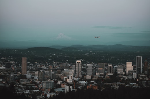 A cityscape with tall buildings in the foreground and a mountain in the distance under a cloudy sky. A drone is flying above the city.