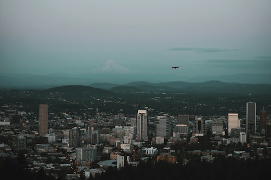 A cityscape with tall buildings in the foreground and a mountain in the distance under a cloudy sky. A drone is flying above the city.