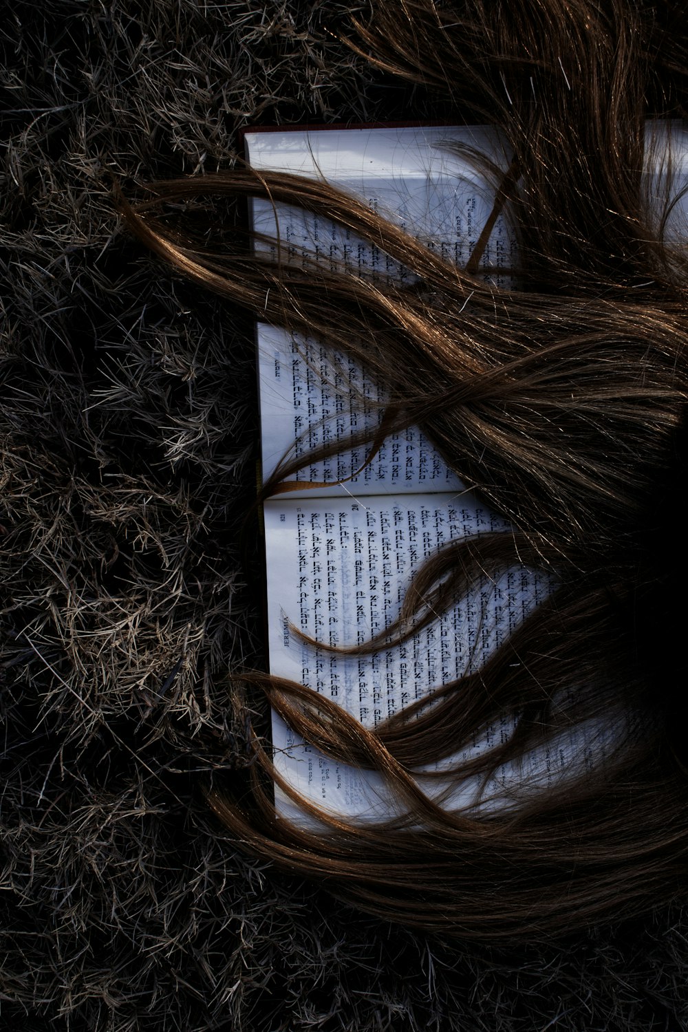 a book laying on top of a pile of brown hair