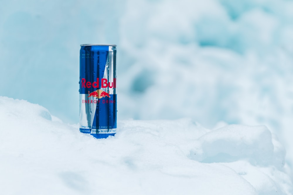 Red Bull energy drink on white snow