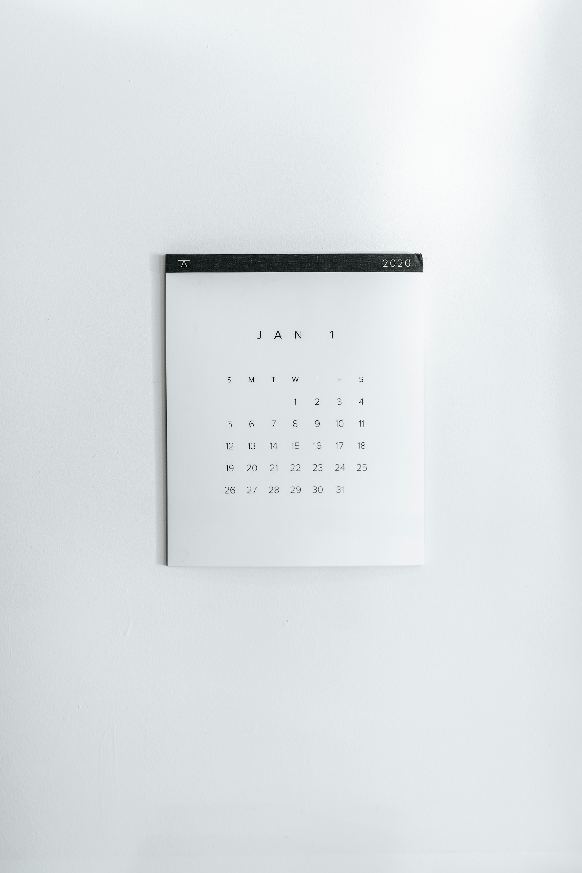 Picture of a calendar with January 2020 showing