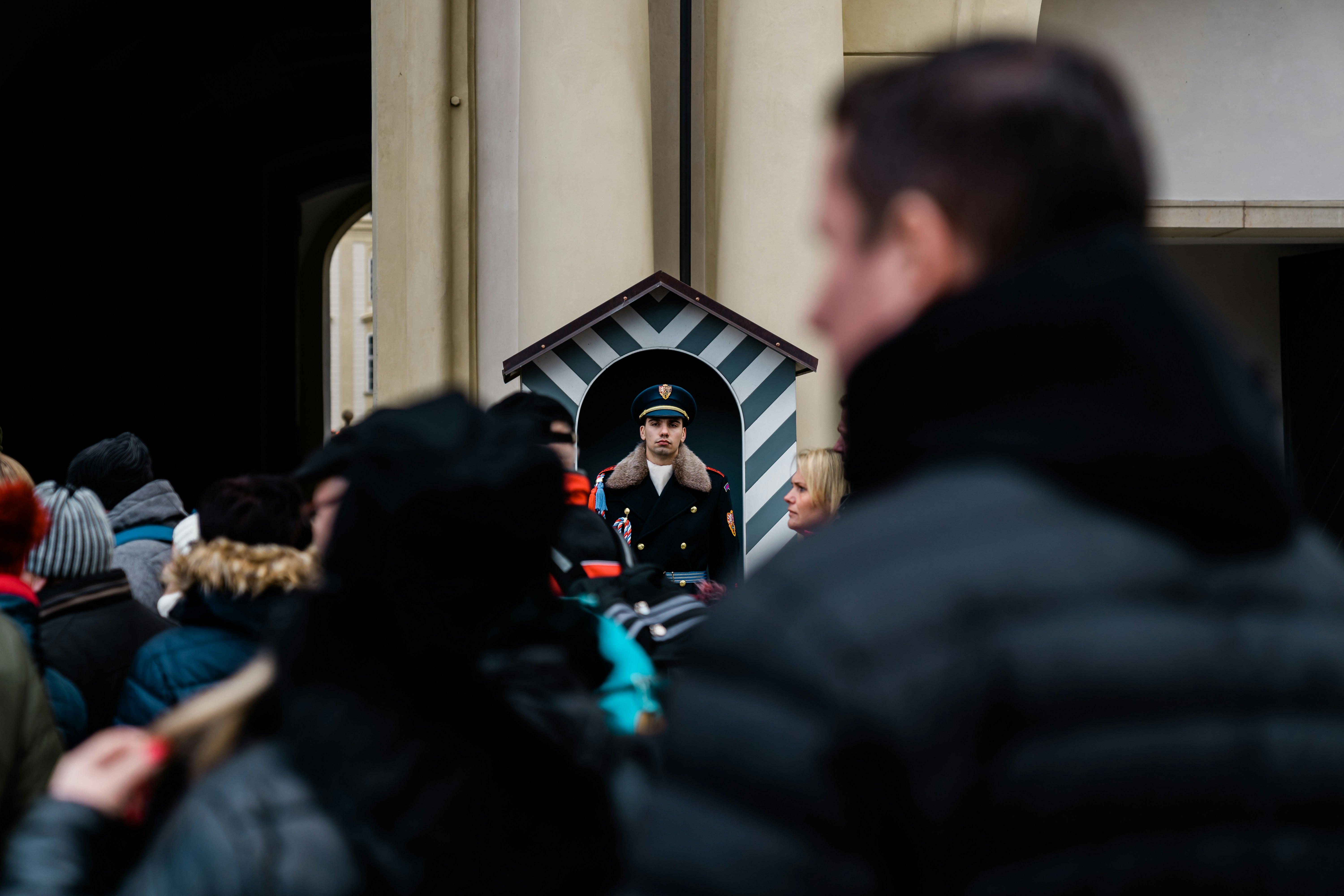man wearing bubble hoodie jacket, Prague Castle Guard. 