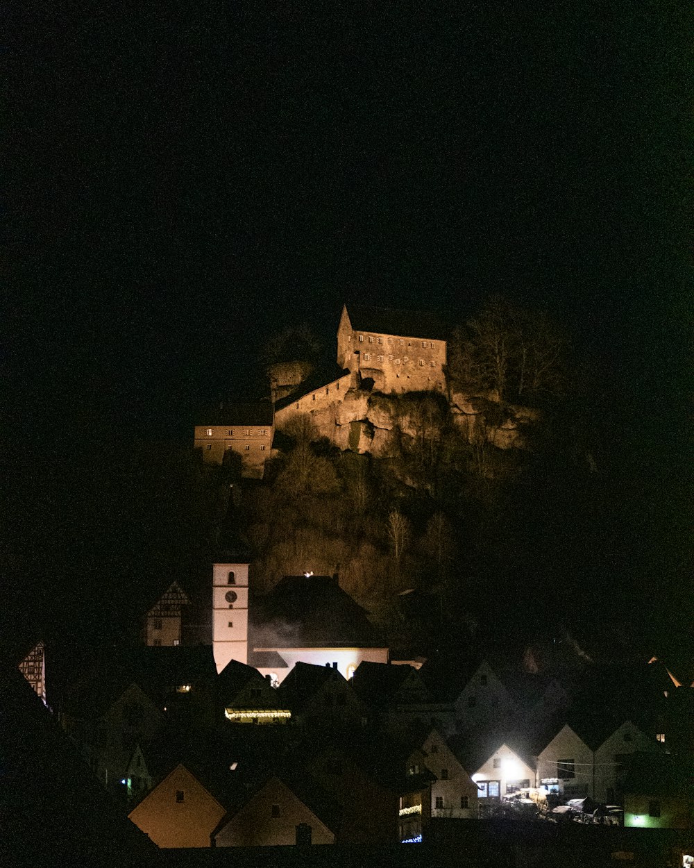 castle surrounded with houses view at night