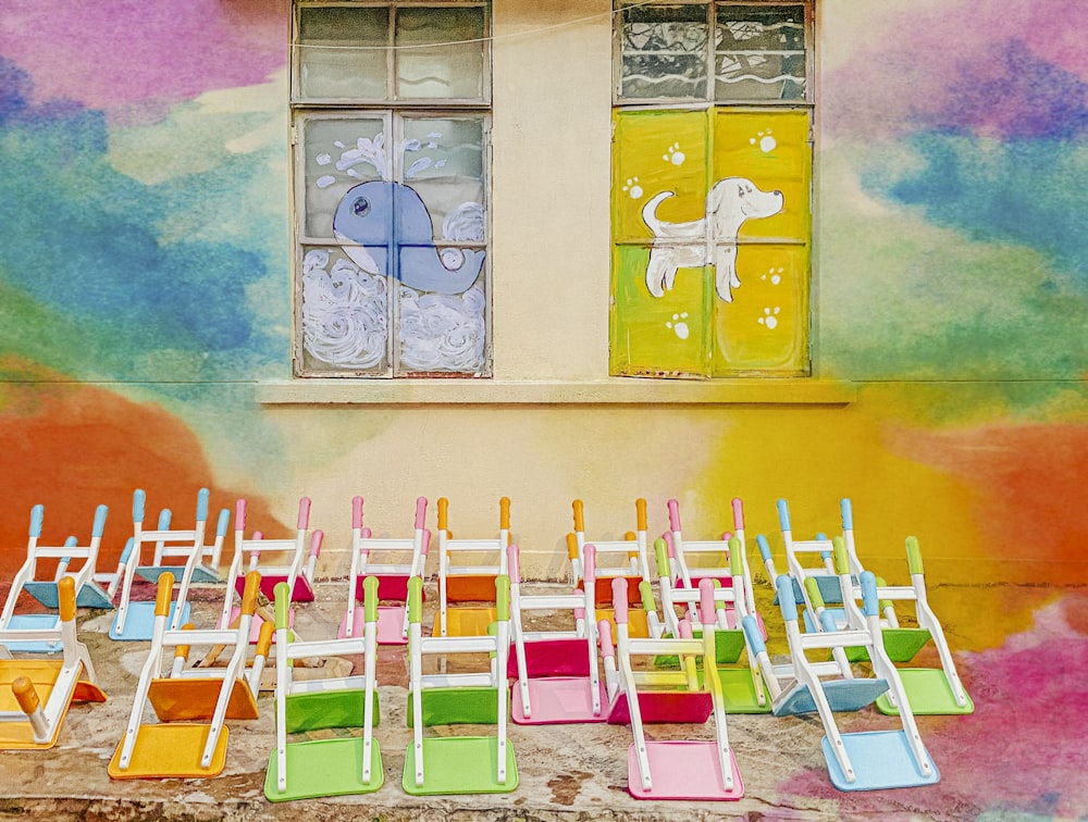 assorted-color chairs outside building