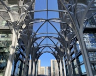 Close-up of a sleek aluminum canopy structure with clean lines and precise welding.