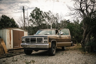 Hank revving up his rusty old pickup truck with a cheeky grin under a corrugated metal carport