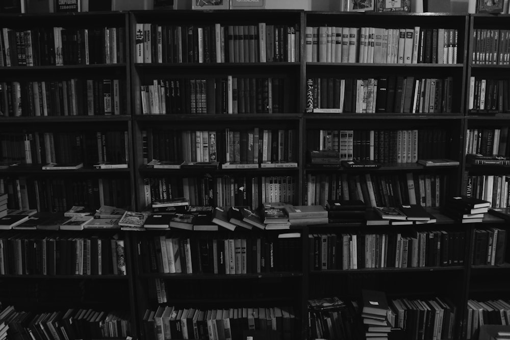 grayscale photo of book on shelves