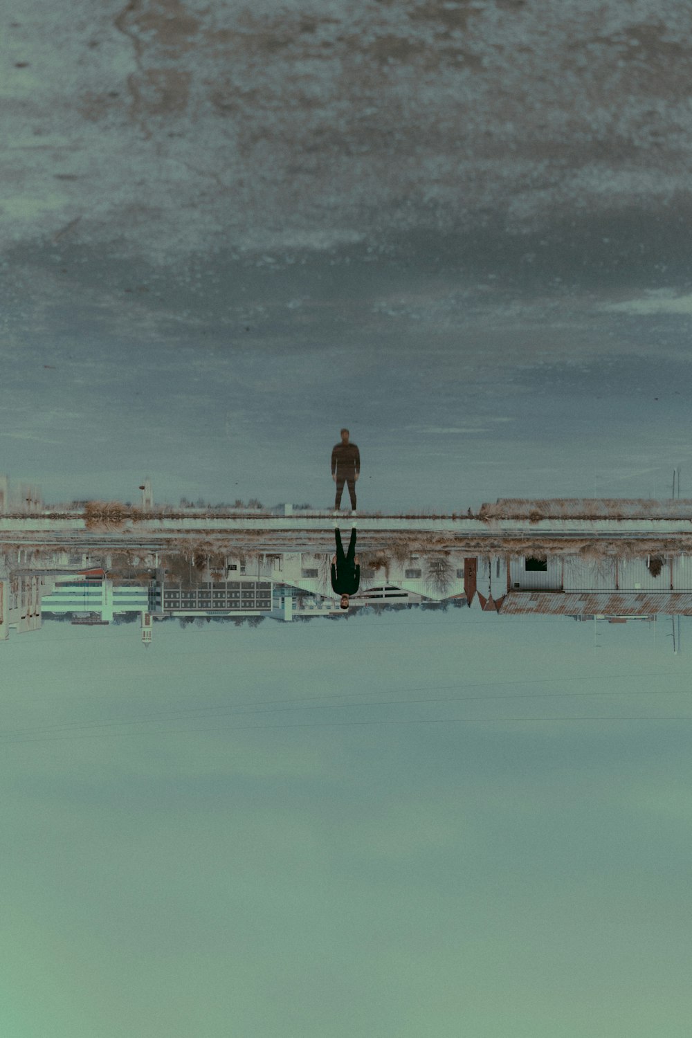 person in black long-sleeved shirt standing in front of body of water under cloudy sky