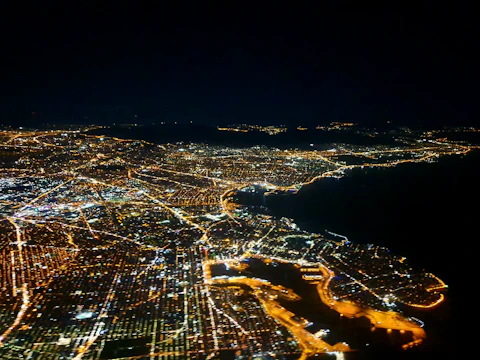 Nighttime cityscape of Bristol with glowing web connections overlay.