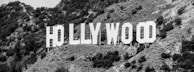 A large, iconic sign featuring the word 'HOLLYWOOD' in bold, white capital letters is mounted on a hillside. The surrounding terrain includes rugged, grassy hills with scattered shrubs and small trees. The entire scene is presented in black and white.